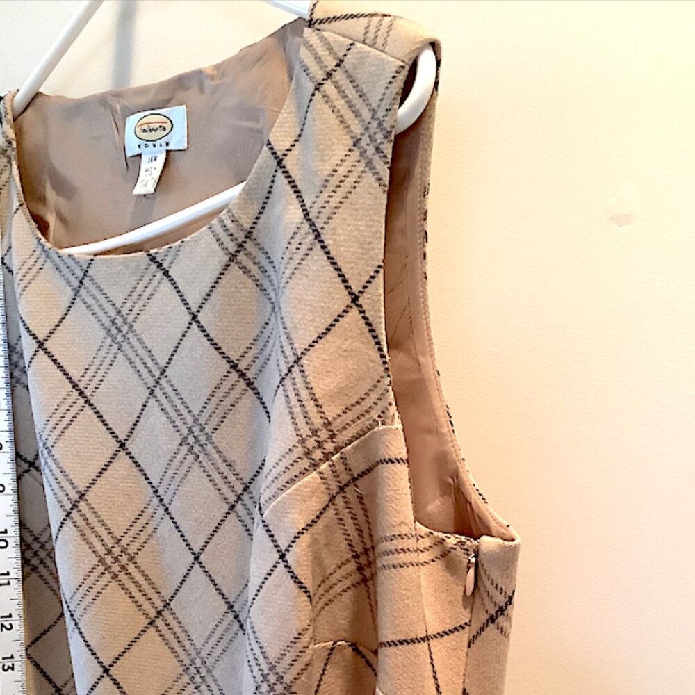 Talbots Woman beige plaid Sleeveless Dress Size 14W, Wool, lined, side zip - Picture 3 of 14